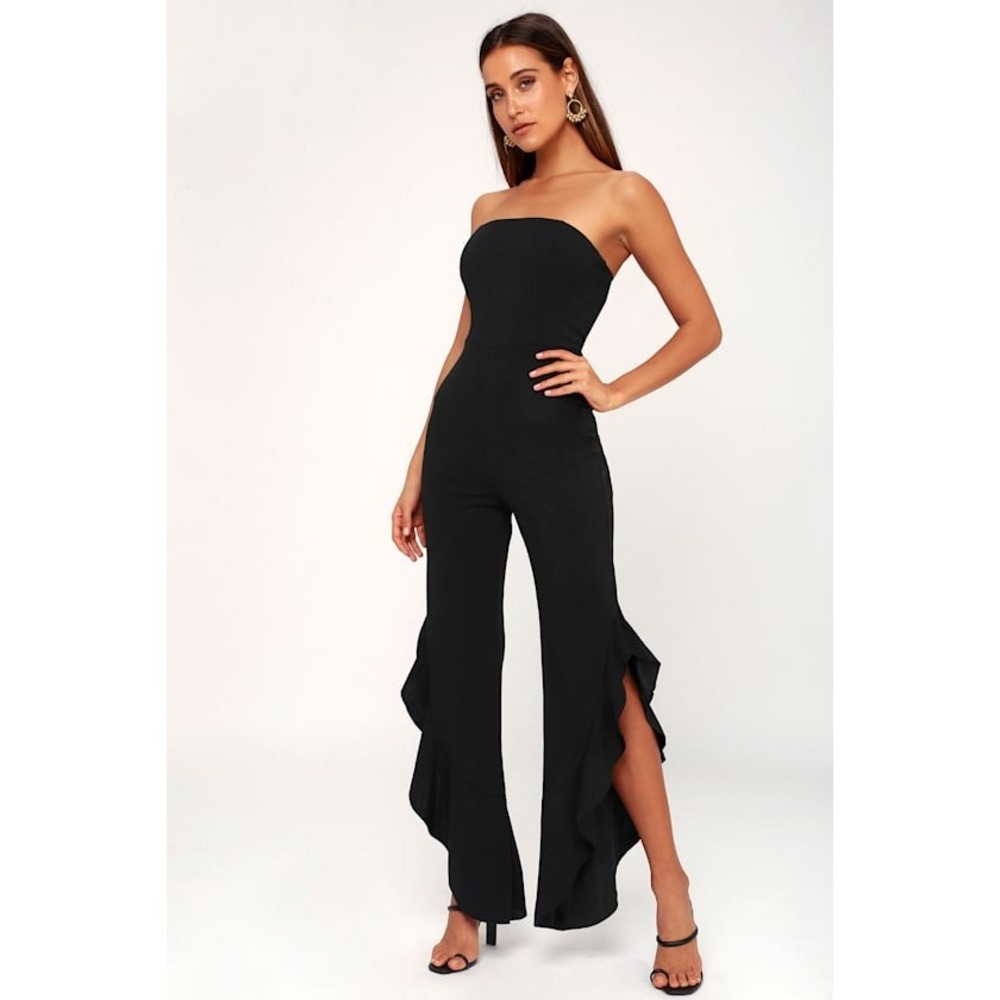 NWT Lulus After Midnight Black Strapless Ruffle Leg Jumpsuit - Size XS